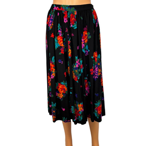 Vintage Floral Skirt Peasant Midi Black Multicolor Women's 12 Leslie Lucks M
